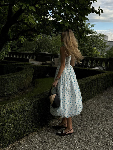White Teal Blue Ditsy Spaghetti Strap Midi Dress