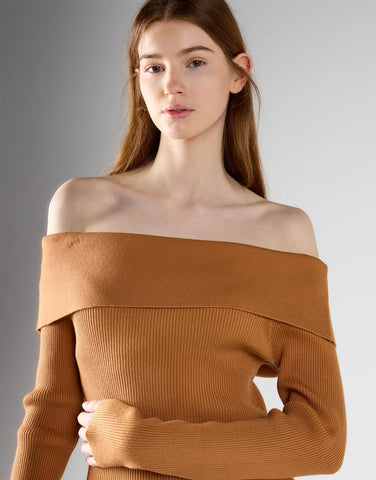 Tan Bardot Knitted Maxi Dress