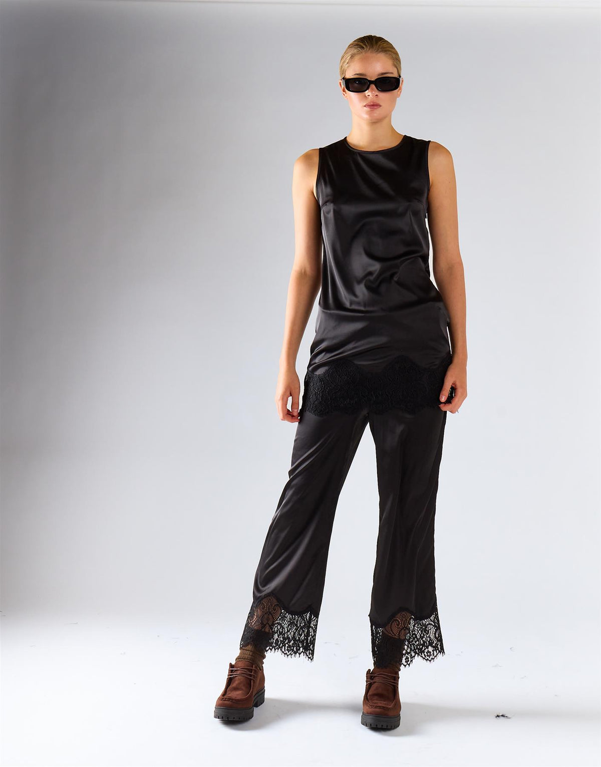 Black Satin Sleeveless Lace-Trim Dress