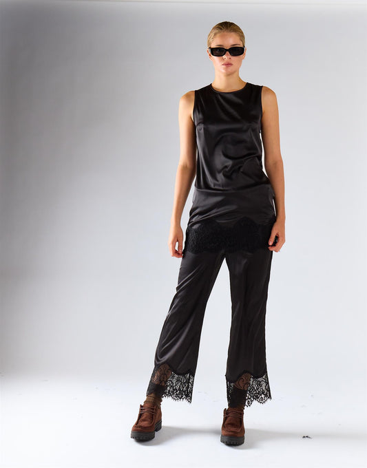 Black Satin Sleeveless Lace-Trim Dress