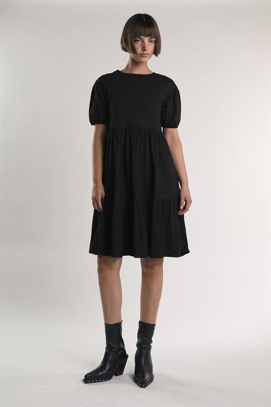 Black Tiered-Smock Midi-Dress