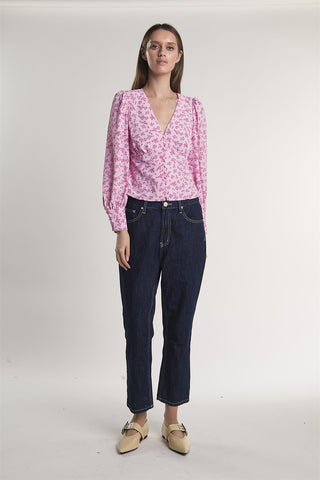 Pink-Fuschia-Ditsy Button-Front -Top