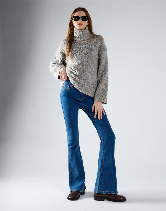 High Waisted Flared Jeans - Mid Stone