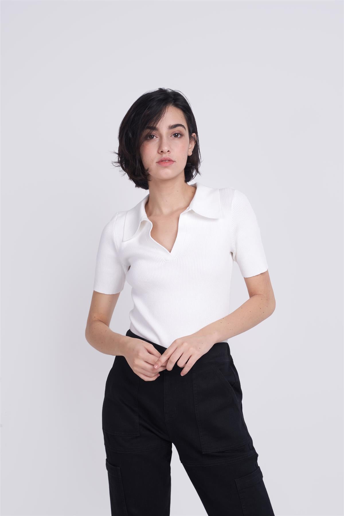 White V-Neck Collar Bodysuit