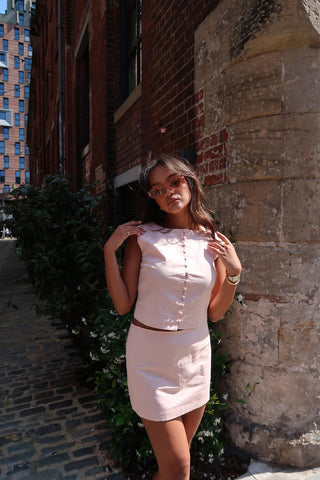 Nude-Peach Button-Up-Sleeveless Crop-Top