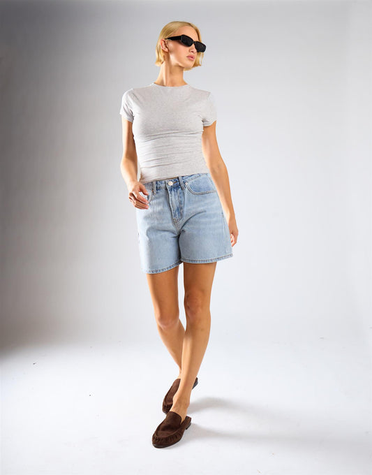 Mid Waist Loose Fit Denim Shorts - Mid Blue