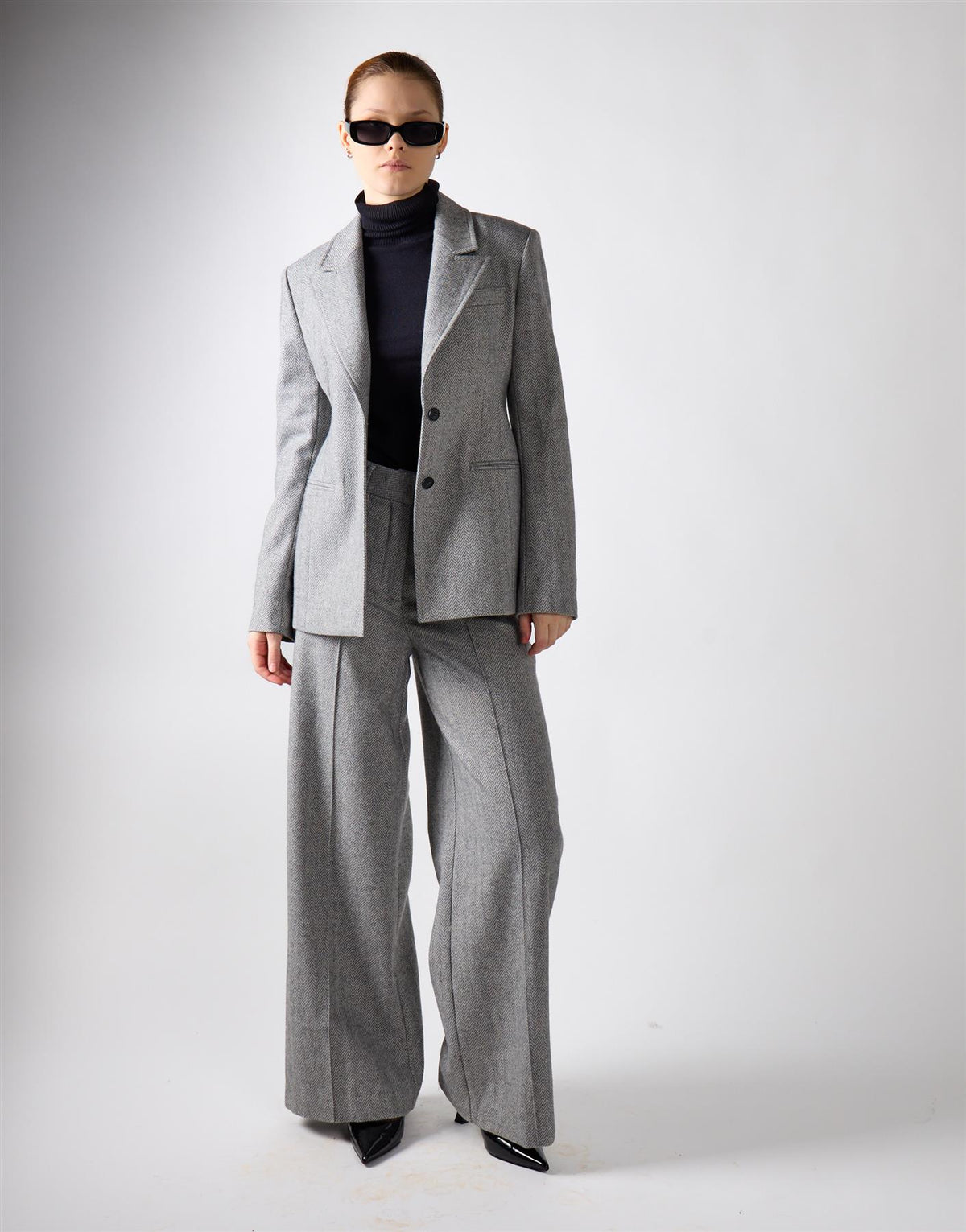 Grey Herringbone Wide Leg Suit Trousers