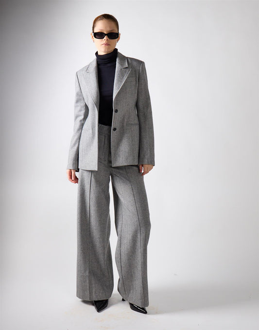 Grey Herringbone Wide Leg Suit Trousers