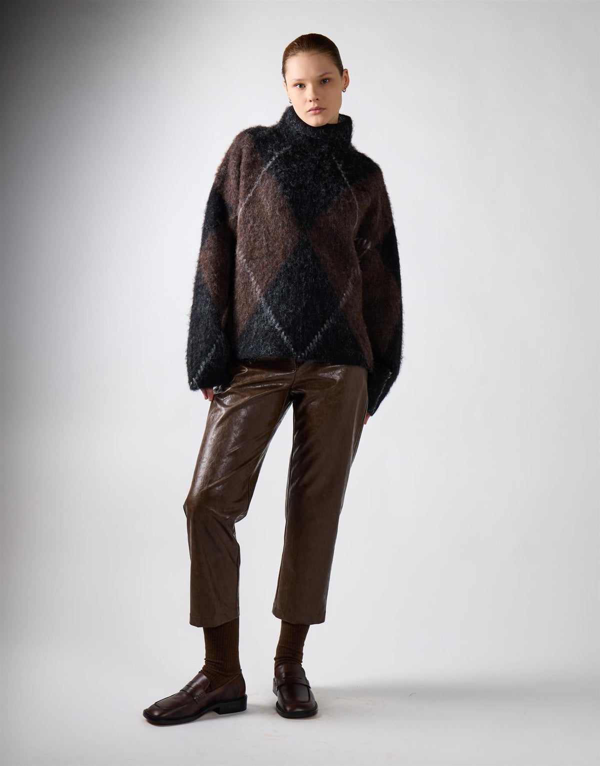Brown Pu Straight Leg Cropped Trousers