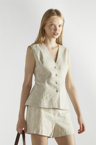Natural Sleeveless Button Front Vest-Top
