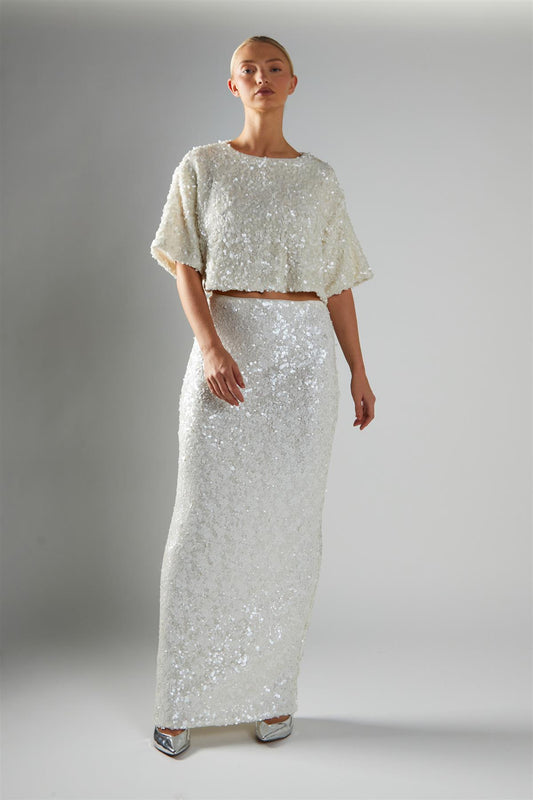 Matt-White-Sequin Boxy Crop-Top