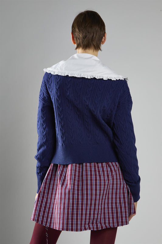 Knitted Cardigan With Frill Collar in Navy White