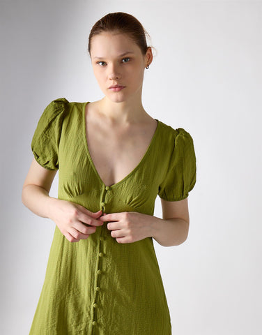 Button Front Midi Dress - Green Olive