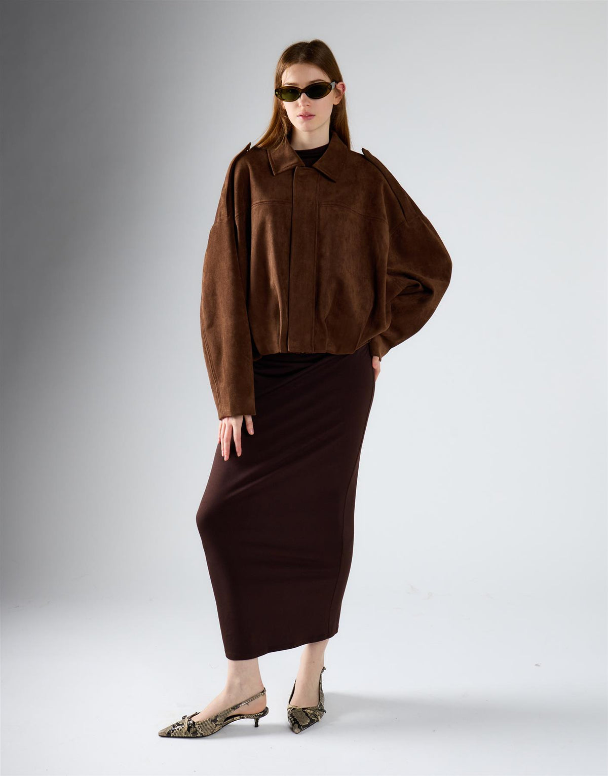 Brown Suedette Boxy Collared Jacket