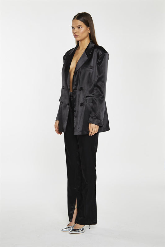 Black Satin High Waisted Wide Leg Trousers