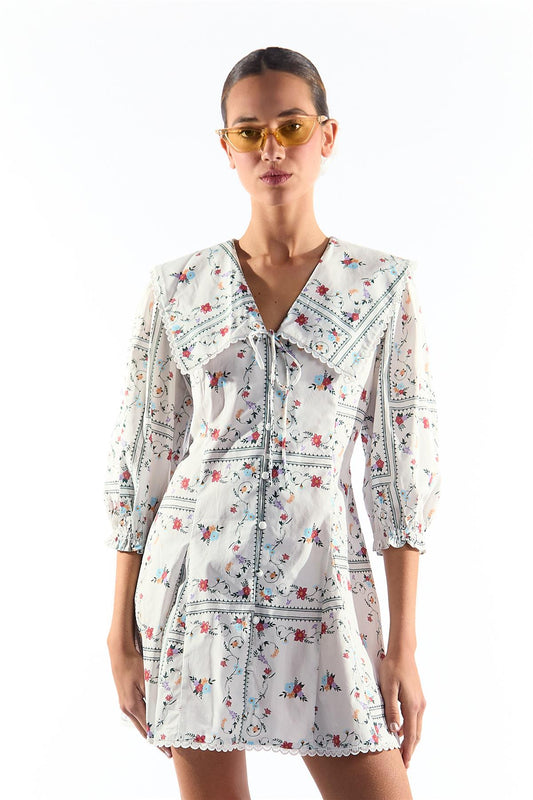 White Picnic Print Button Through Mini Dress