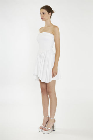 White Strapless Smocked Mini-Dress