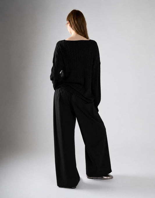 Black Tie Waist Wide Leg Trousers