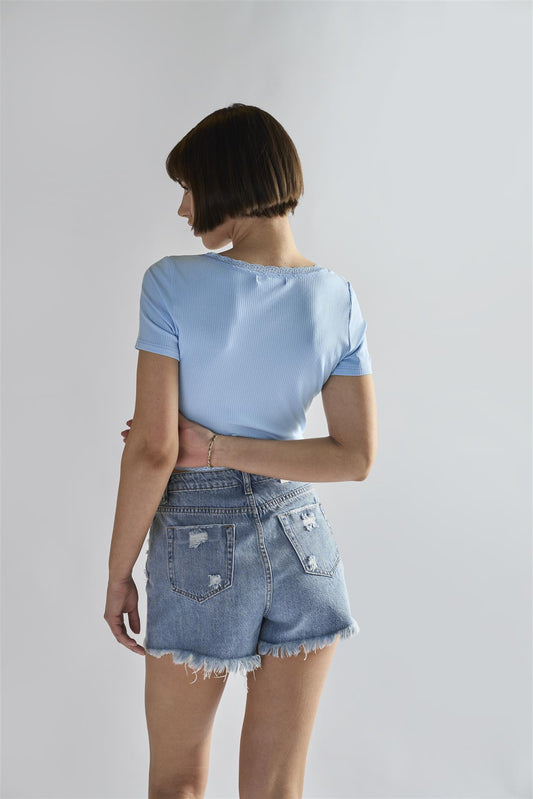 Light-Blue Square-Neck-Crop Tops