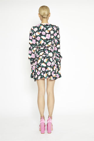 Black-Lilac Floral Wrap Mini-Dress