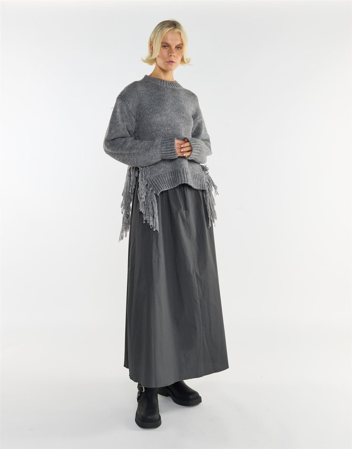 Grey Marl Fringe Trim Crew-Neck Jumper