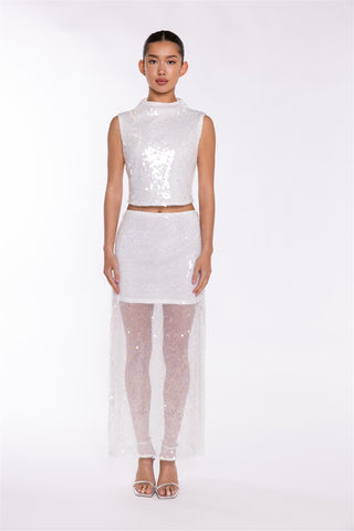 Transparent-Sequin Boat-Neck Crop-Top
