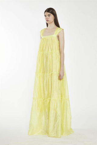 Lime Yellow Square-Neck Tiered Maxi-Dress