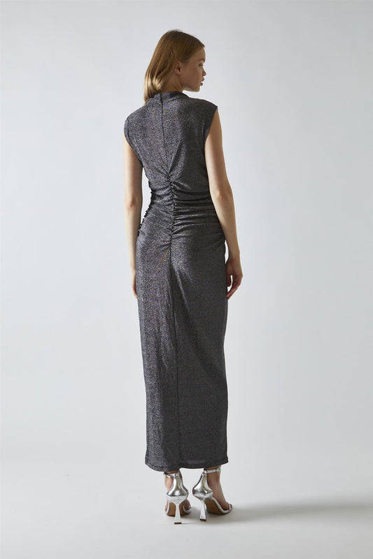 Black-Silver Glitter Ruched Midaxi-Dress