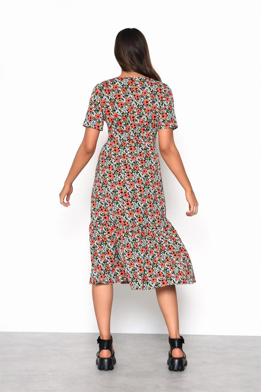 Bold-Multi-Floral V-Neck Midi-Dress