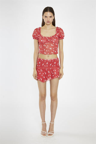 Red Vintage-Floral Milkmaid Crop-Top