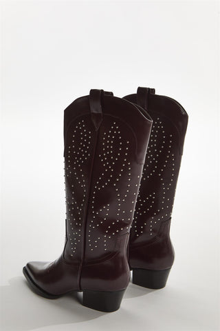 Red-Pu Studded Cowboy Knee-High-Boots