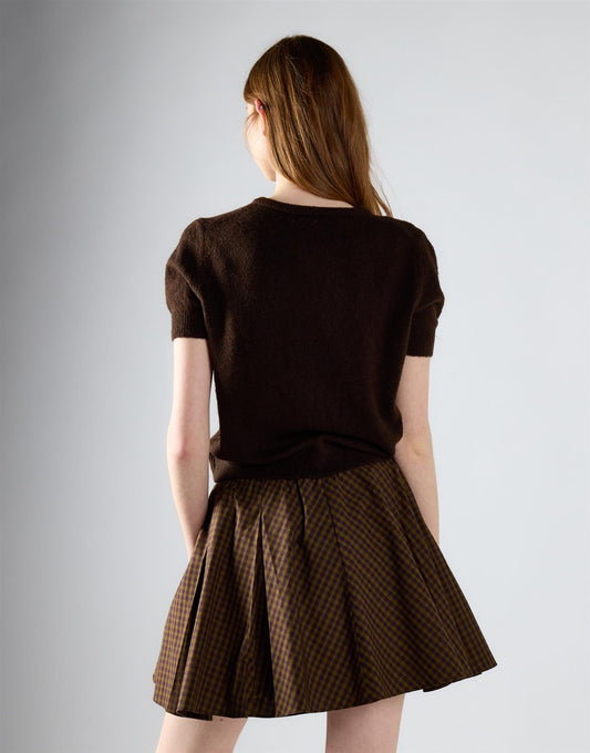 Khaki Brown Check Pleated Mini Skirt