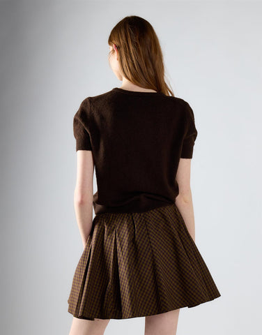 Khaki Brown Check Pleated Mini Skirt