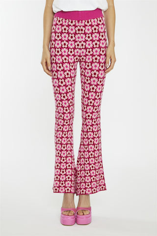 Pink Red Flower Check Flare High-Waist-Trousers