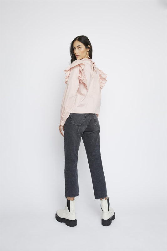 Pink Frill Shoulder Long-Sleeve-Top