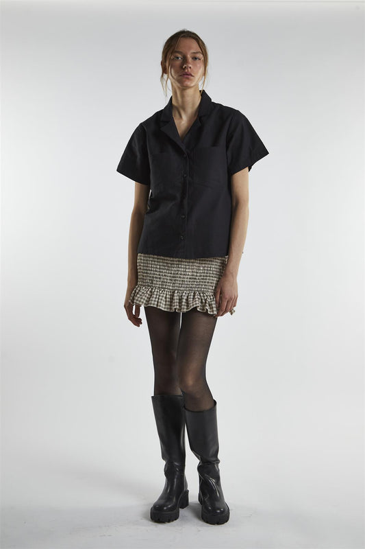 Lapel Collar Short Sleeves Shirt - Black