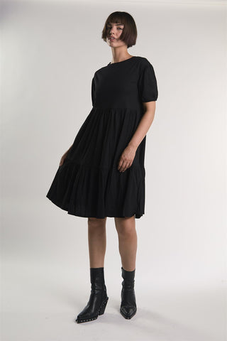 Black Tiered-Smock Midi-Dress