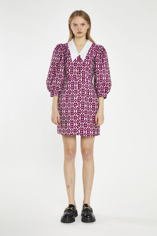 Magenta-Flower Brocade Collared Mini-Dress