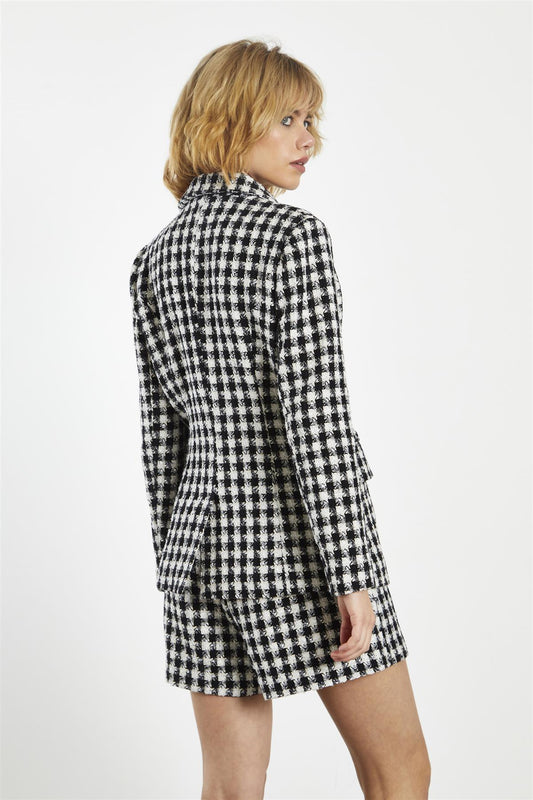 Mono-Check-Tweed Button-Front Long Sleeve-Blazer