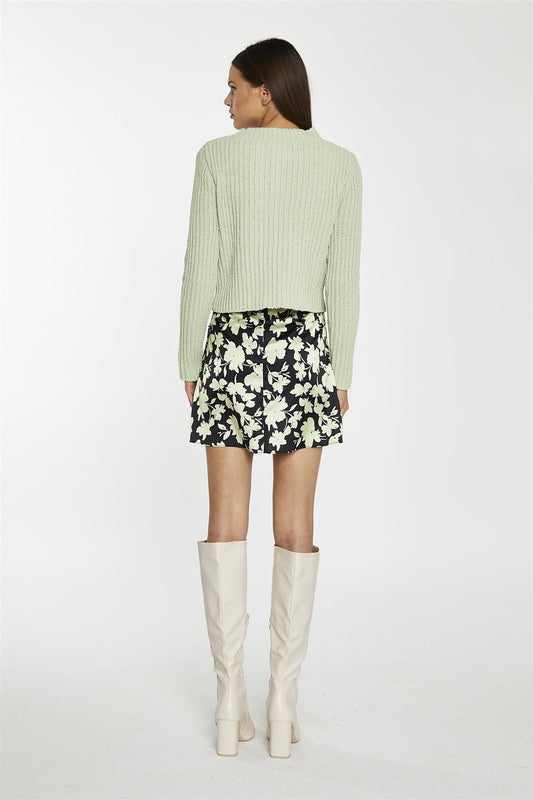 Soft-Lime Black-Floral Notch-Split Mini-Skirt
