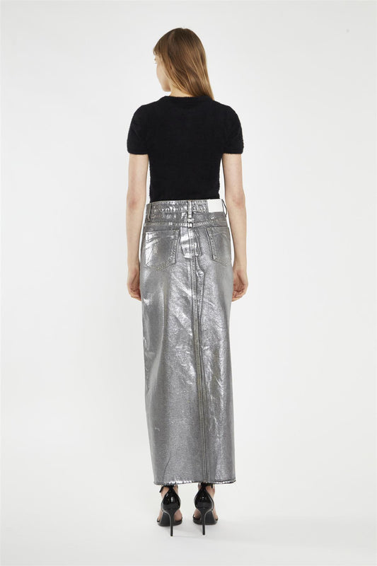 Grey Silver-Foil Denim Split-Front Midi-Skirt