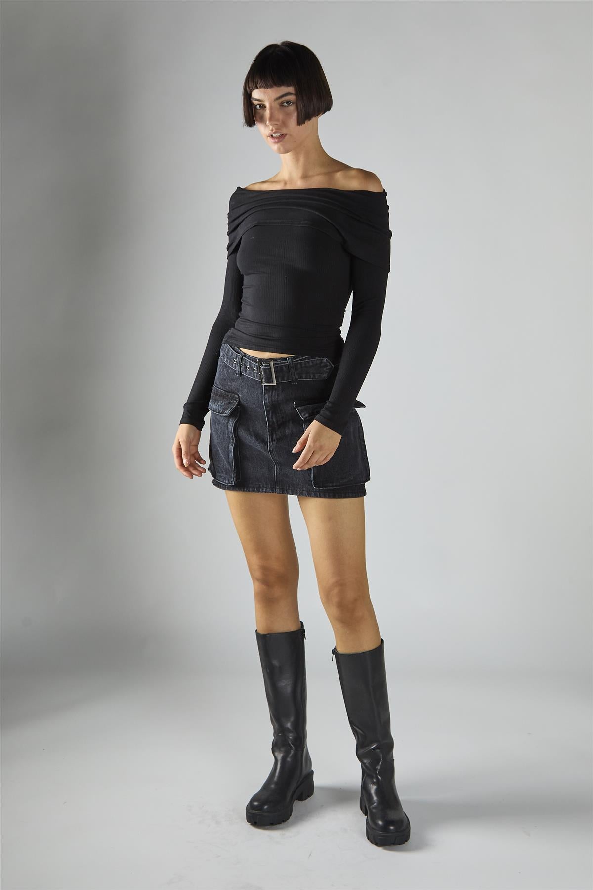 Black Ribbed-Off-Shoulder-Double-Layer Long Sleeve-Top