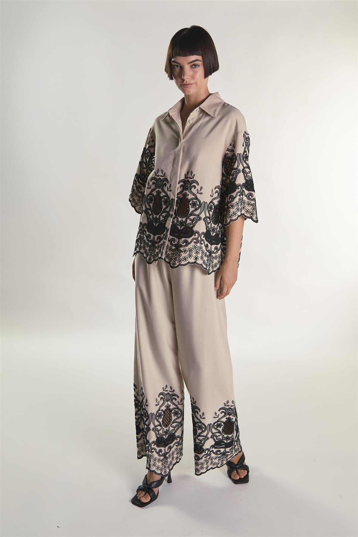 Stone Black Border Tie Waist Floaty Trousers