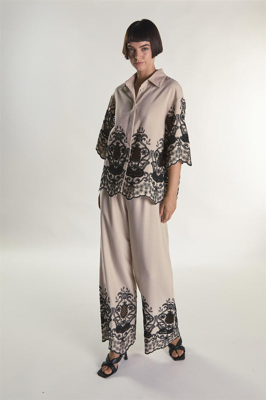 Stone Black Border Tie Waist Floaty Trousers