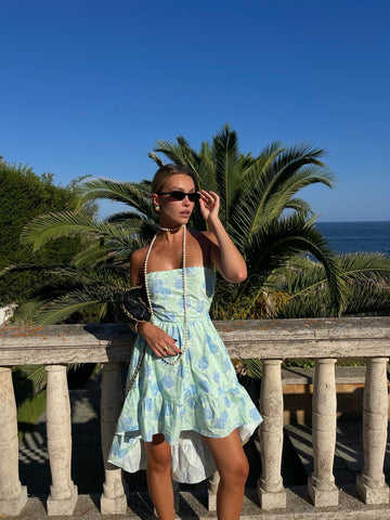 Niamh Strapless Hi-Low Dress -Mint-Blue Floral