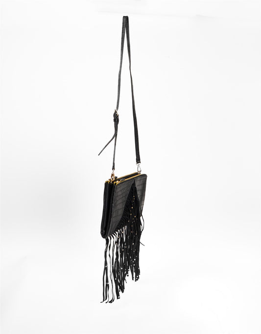 Black Croc Fringe Crossbody Bag