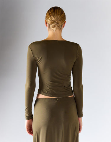 Olive Ruched Side Long-Sleeves Boatneck Top