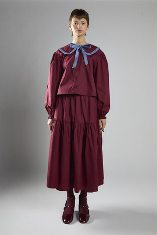 Burgundy-Blue Tie-Collar Blouse