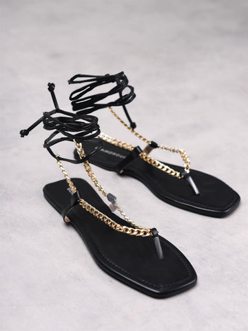 Black Tie Ankle Gold Chain Sandals
