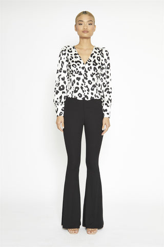Black-Rib High-Waisted Flared-Trousers